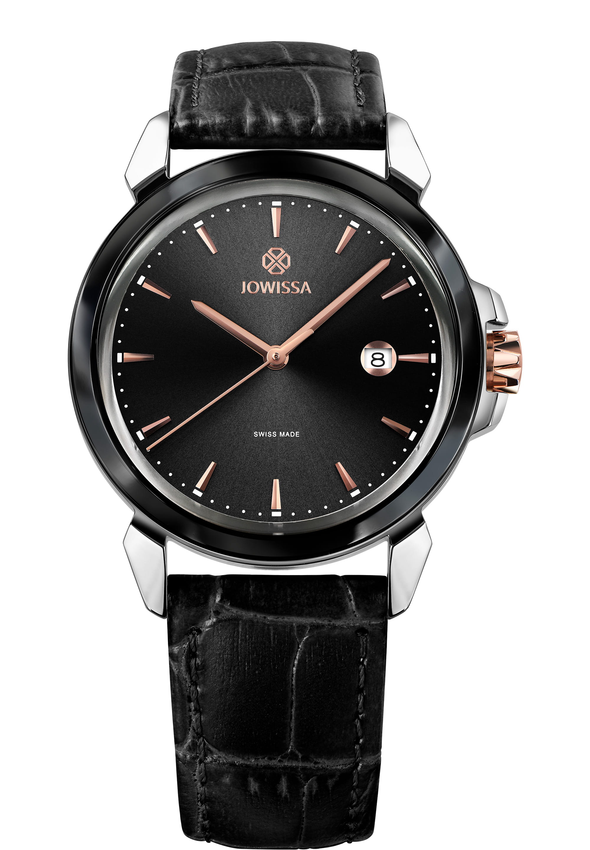 LeWy 3 Swiss Men's Watch J4.239.L featuring a black sunray dial, stainless steel case, and crocodile leather strap.